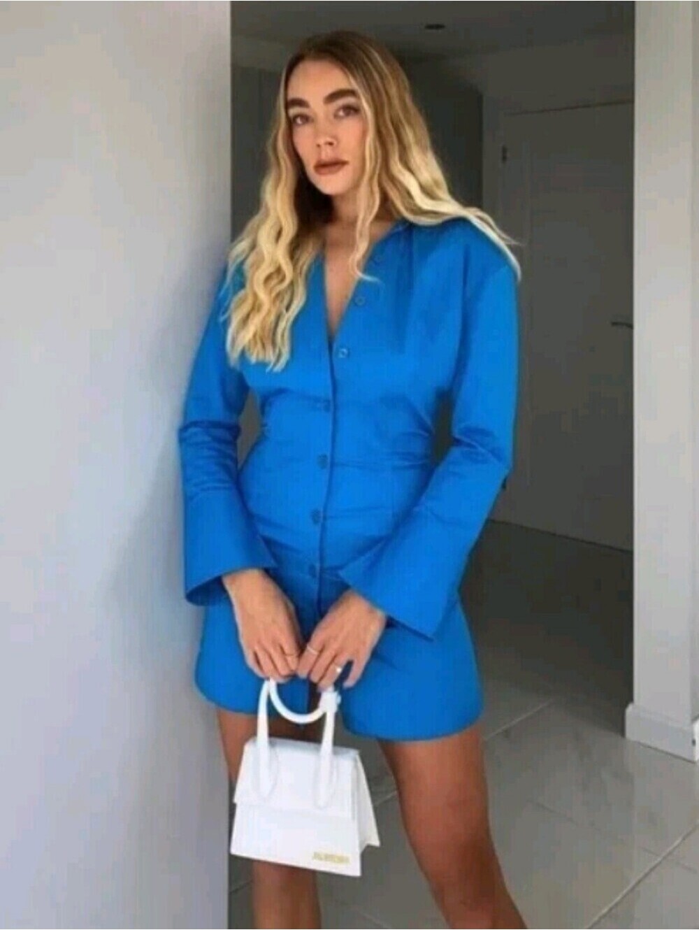 New Zara Blue Collared Button-Up Dress. Large